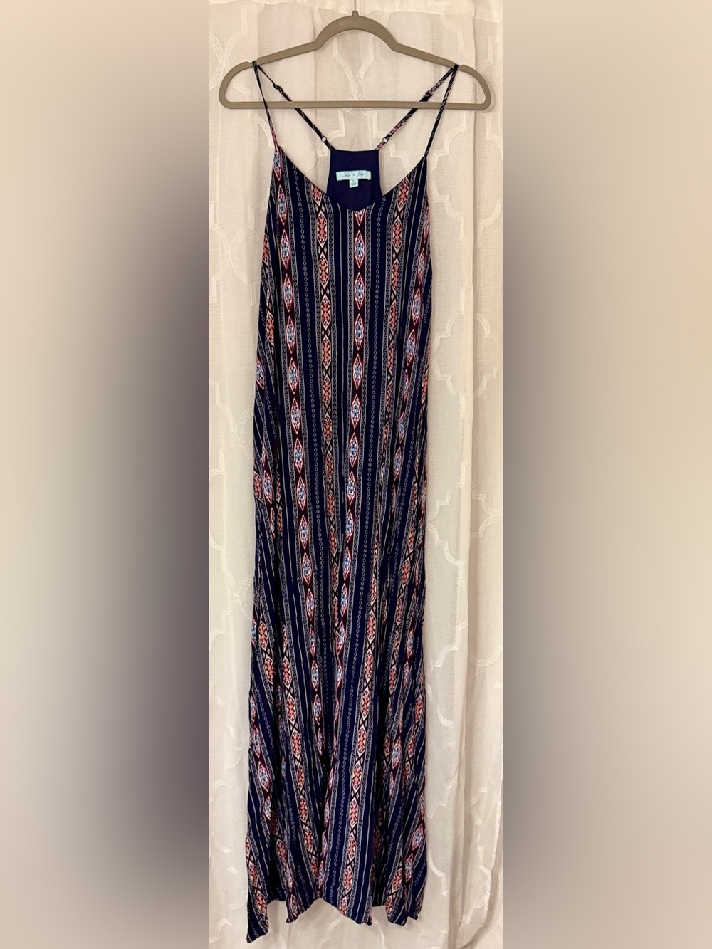 She + Sky Large Navy Red Boho Tribal Print Maxi Dress